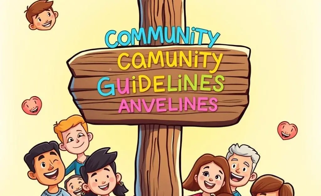A cartoon-style signpost with community guidelines listed on it, surrounded by cheerful online avatars.