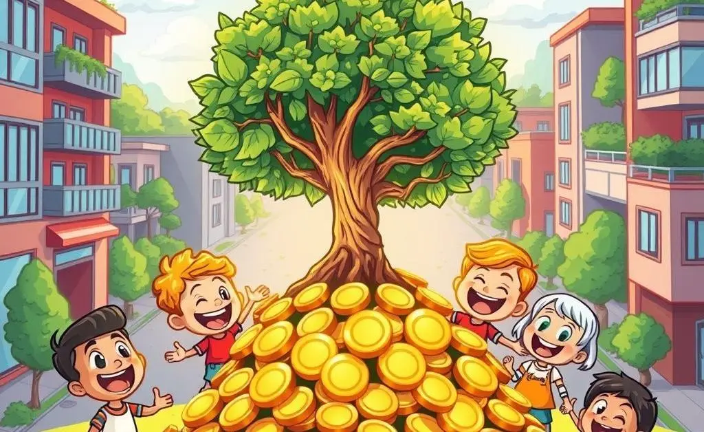 A cartoon-style image of community growth or impact, with a tree symbolizing growth and ethics sprouting from a pile of coins.