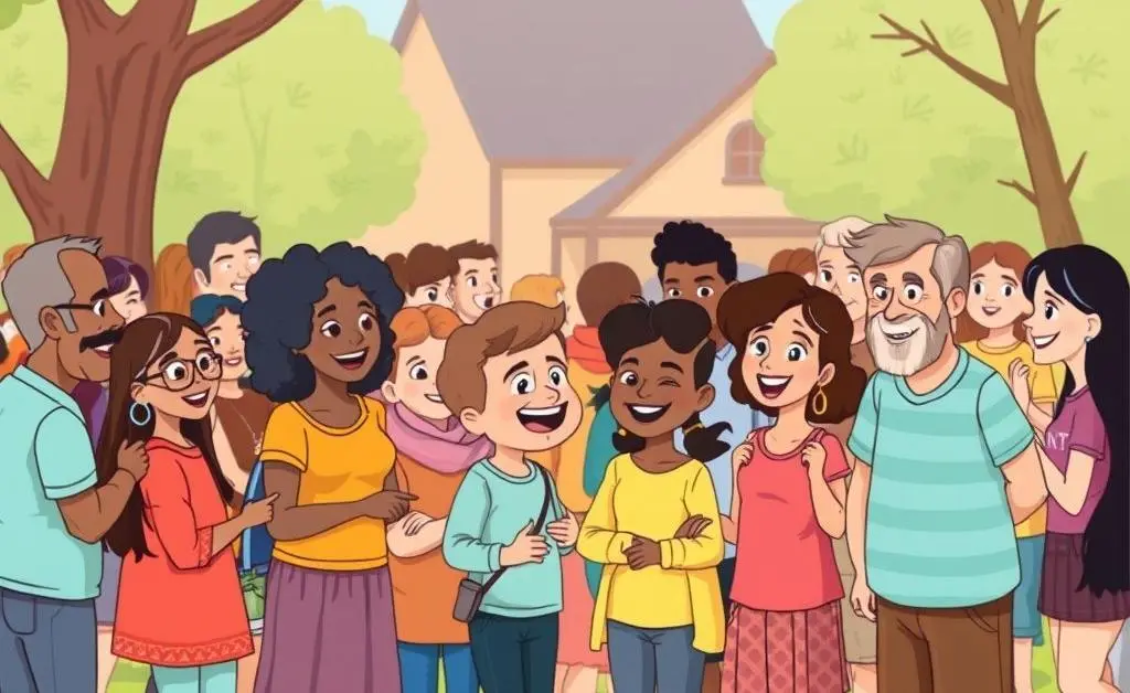 Cartoon-style image of a community gathering, showing people of all ages and backgrounds interacting happily