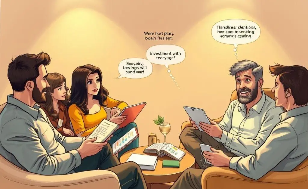 Drawing of a group of individuals sitting in a cozy space, engaged in a lively discussion about financial strategies