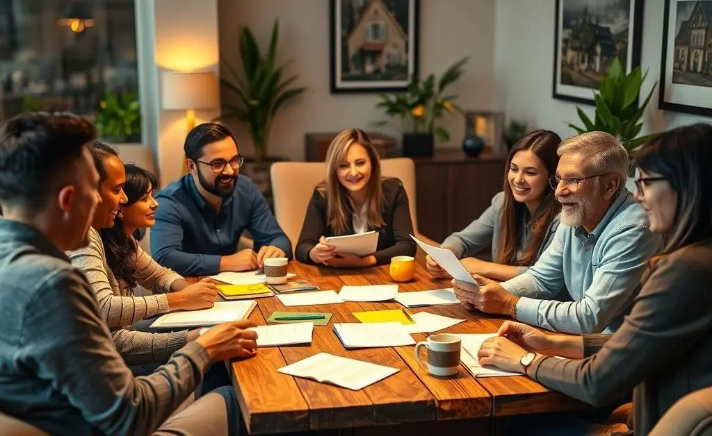 Group having a discussion, sharing insights about real estate