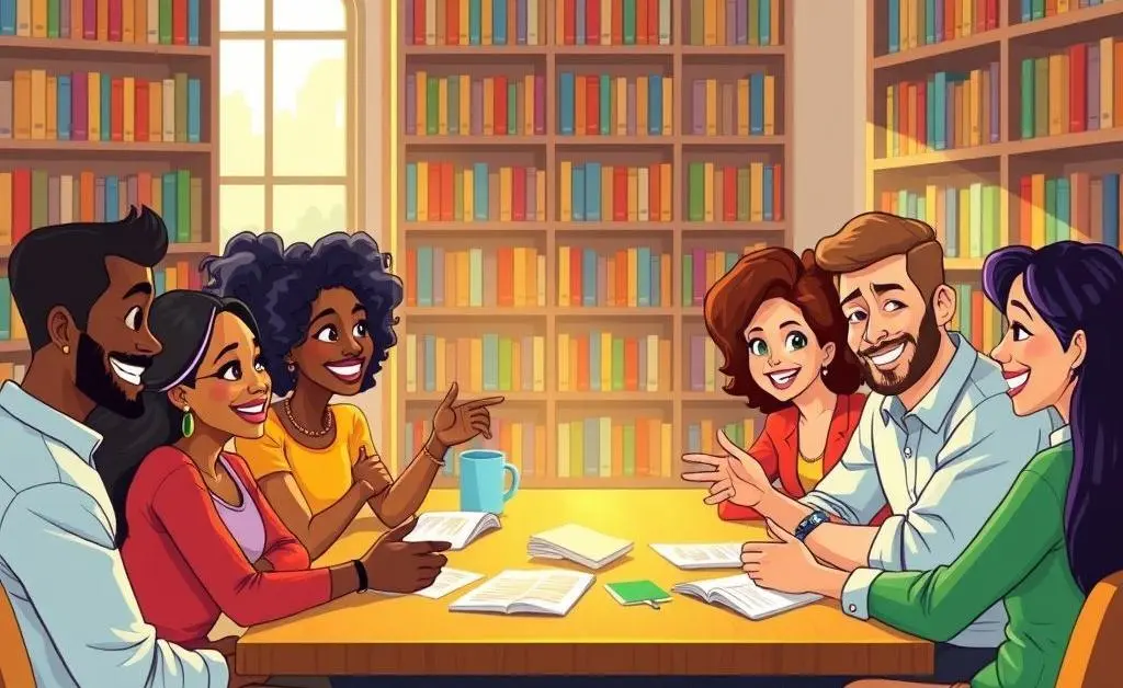 Cartoon-style group of diverse friends discussing investments around a cozy library table.