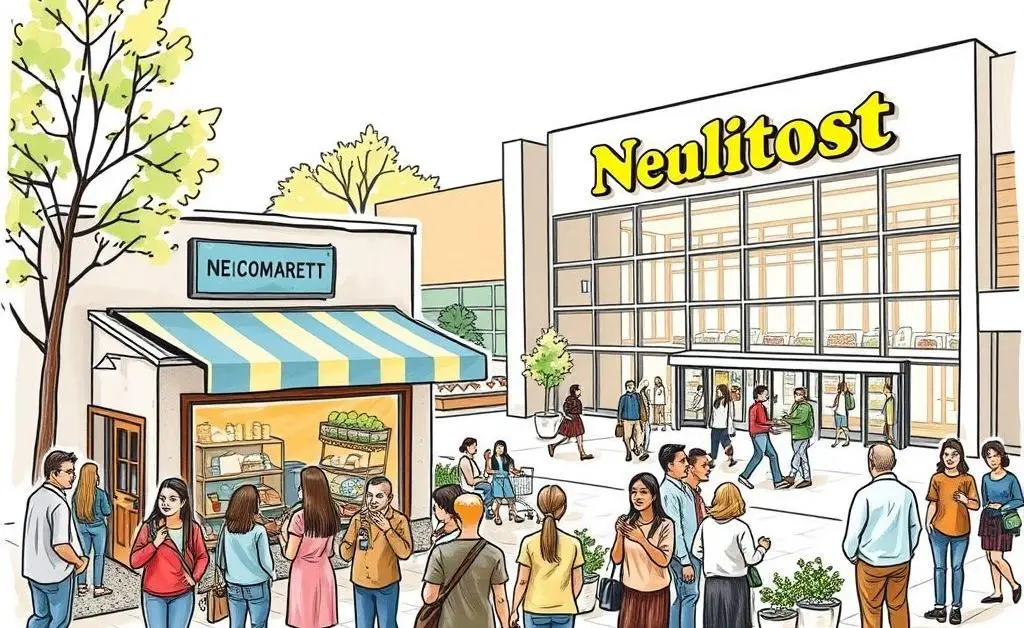 Sketch of a community area with people mingling outside a small local shop and large supermarket.