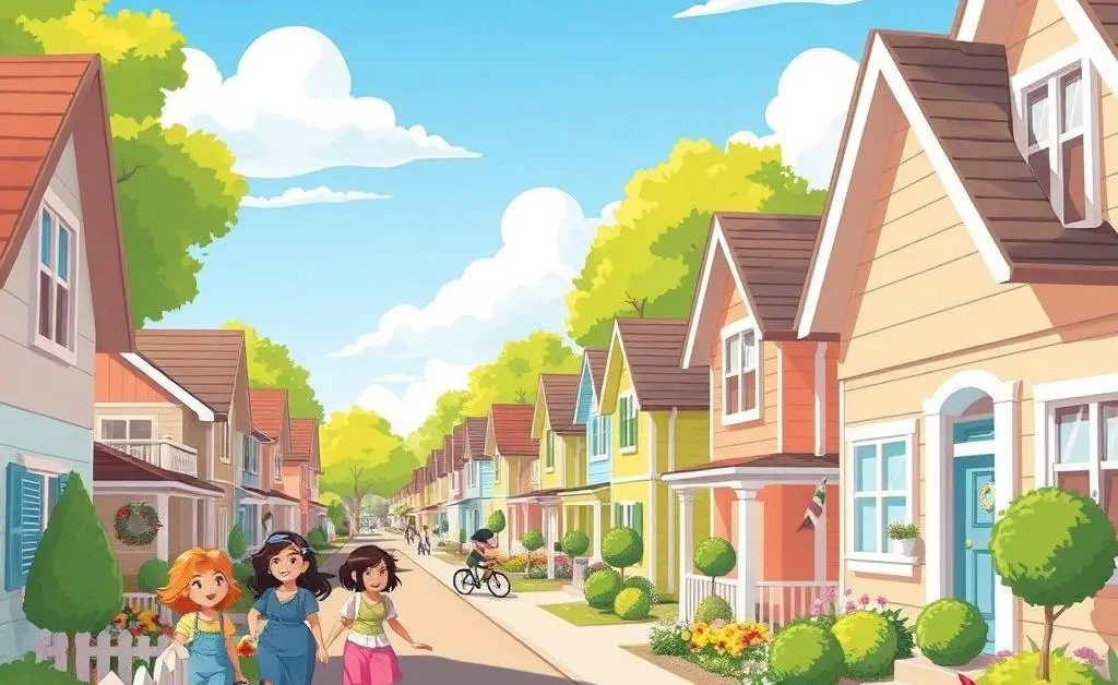 Neighborhood community with people interacting in clean streets