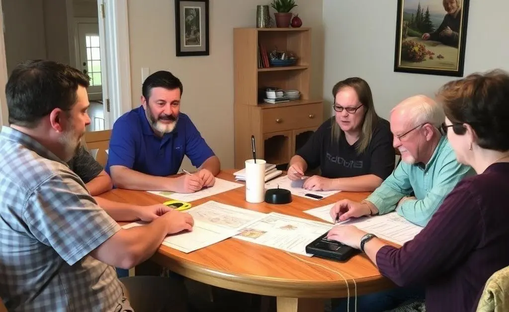 Neighbors gathered around a table discussing plans for internet service improvements in their area.