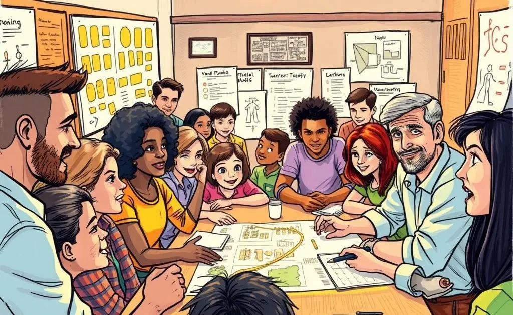 A hand-drawn scene of a community meeting with diverse people discussing plans
