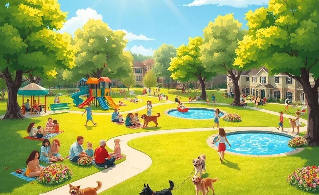 Illustration of a community park with people enjoying the sunshine, walking dogs, and playing