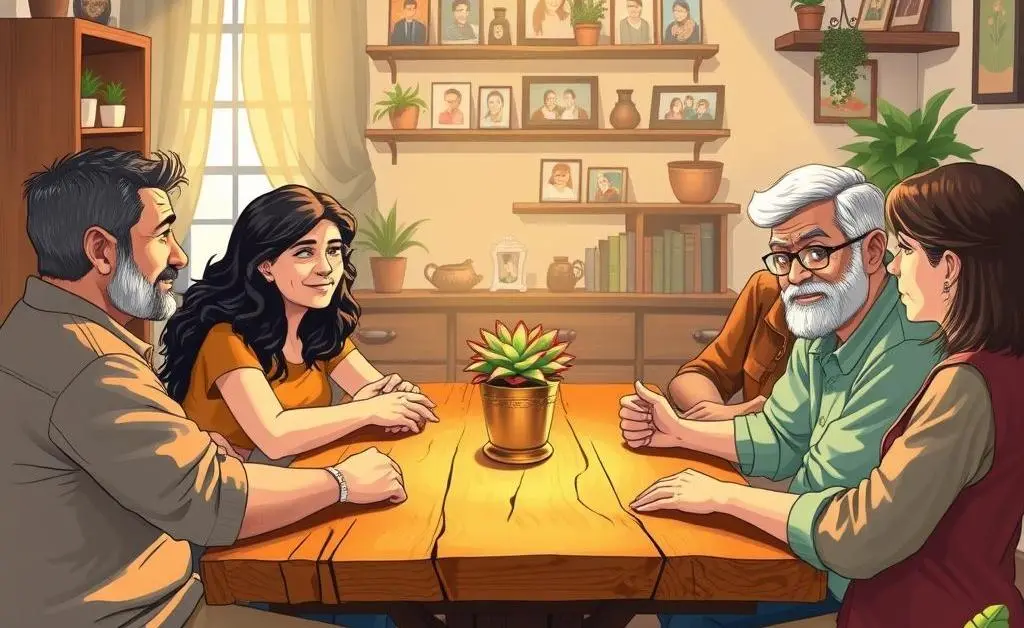 Illustration of neighbors around a table, reaching an amicable resolution.