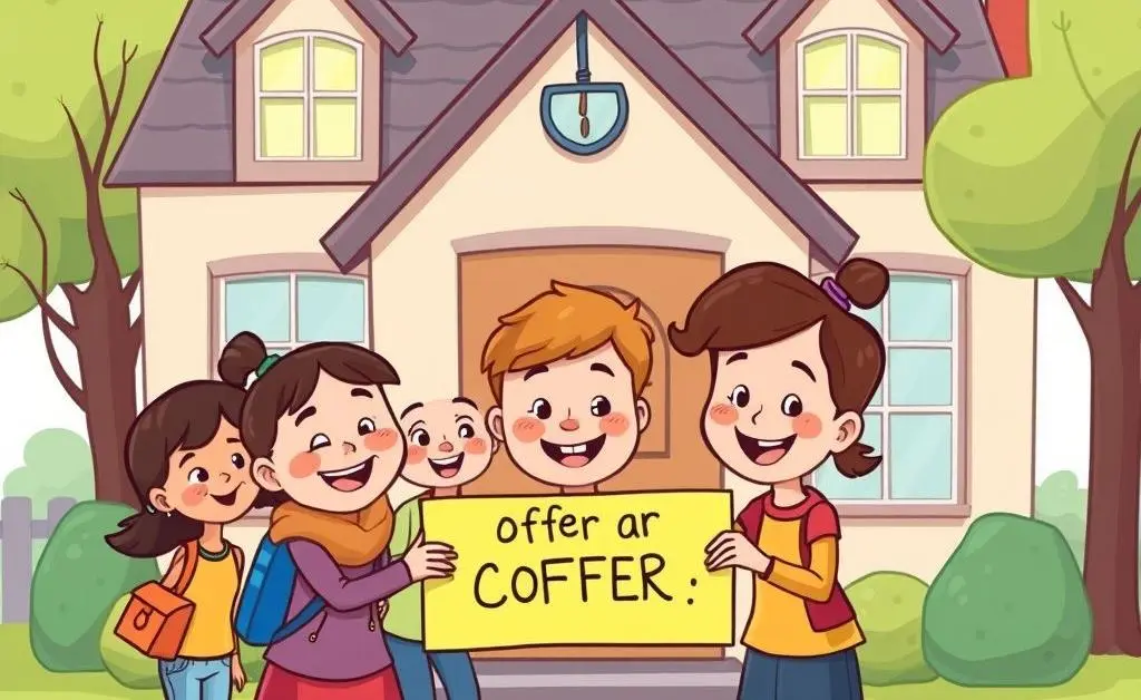 Cartoon school with friendly people making an offer on a home.