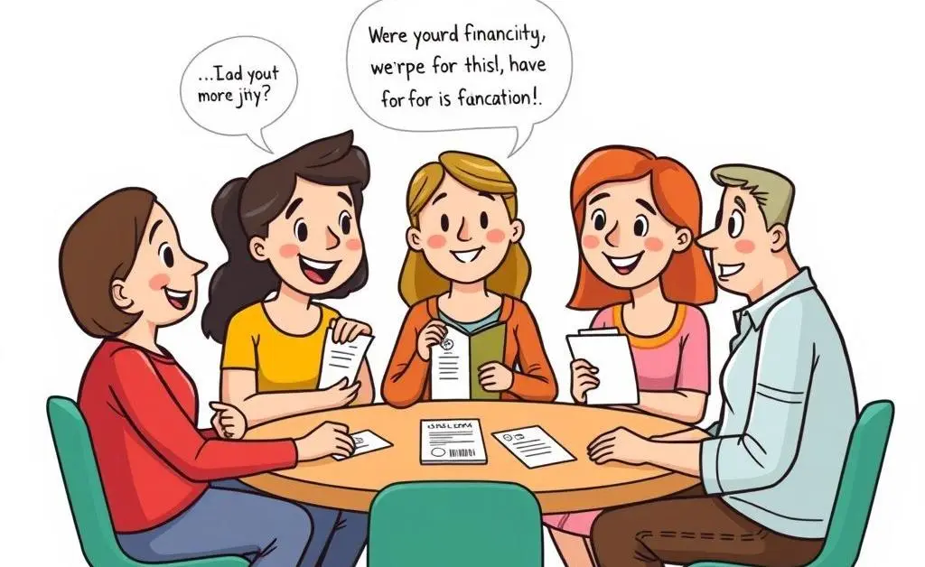 A friendly cartoon group engaging in a supportive discussion circle, sharing financial tips and encouragement.