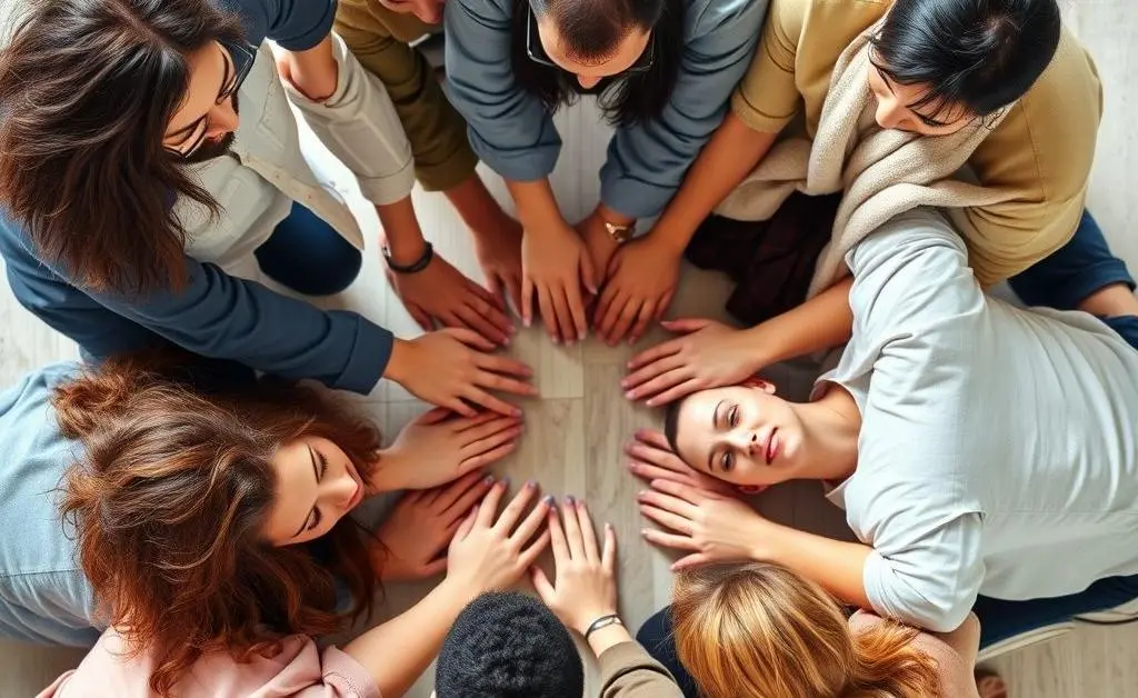 Group of people forming a supportive circle.