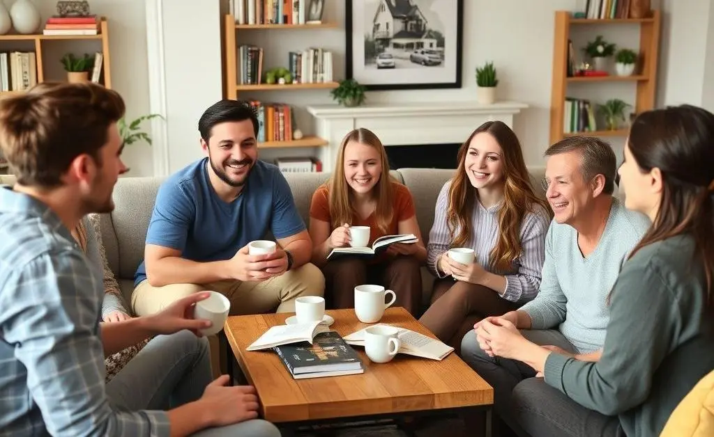 A group of friends in a living room discussing home buying strategies, surrounded by books and coffee cups.