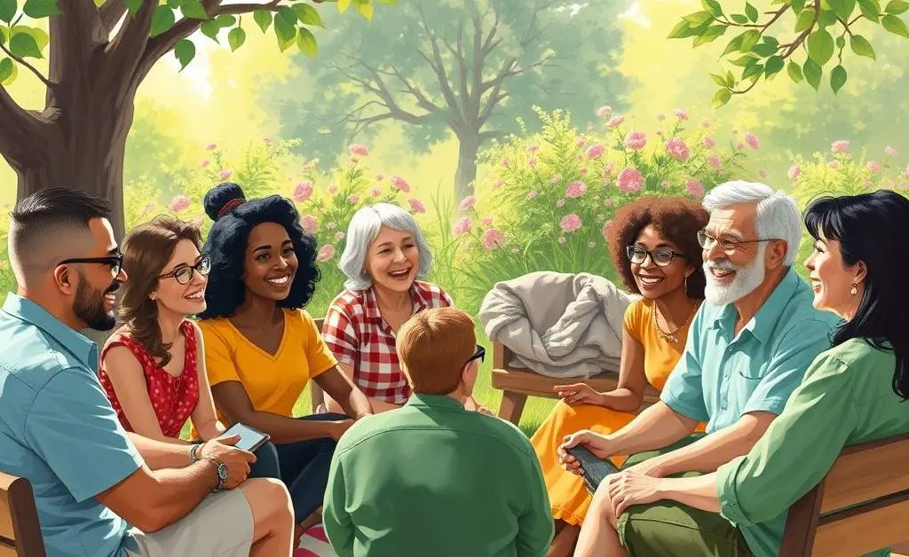 Drawing of a group of people having a friendly community chat