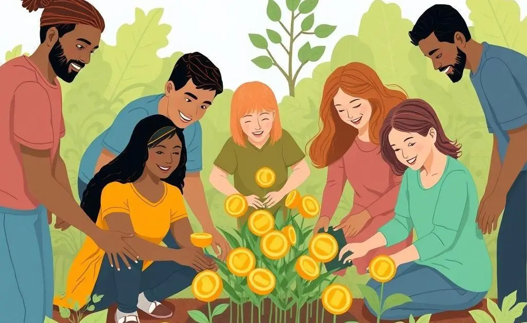 Illustration of diverse individuals working together in a community garden with coins growing like plants.