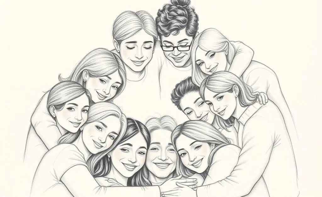 Hand-drawn image of a diverse group of people in a circle, supporting each other.