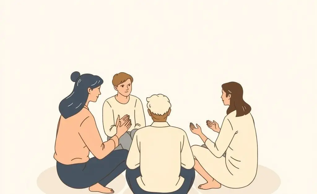 A minimalist drawing of people sitting in a circle having a conversation, supporting each other