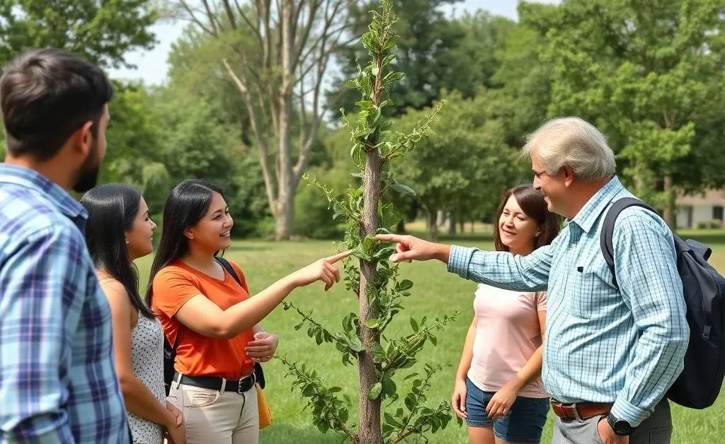 A small group of people discussing and pointing at a tree in a friendly manner
