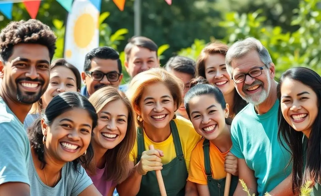 A group of smiling people of various ages volunteering together.