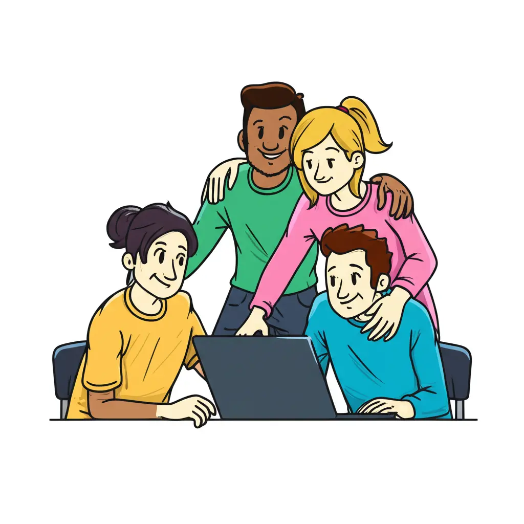 A group of people supporting each other while using a laptop