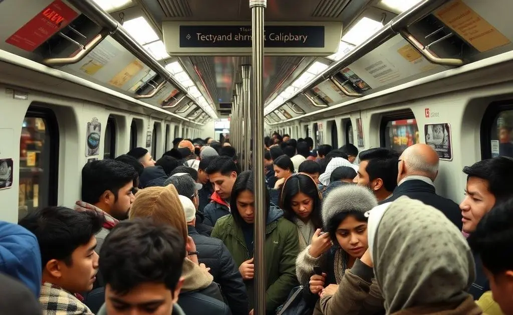 A crowded subway train filled with diverse people commuting in a city.