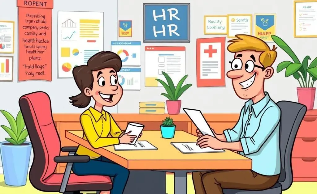 A cartoon-style meeting between an employee and HR discussing company benefits.