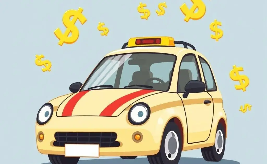 Illustration of a company car with dollar signs floating around it.