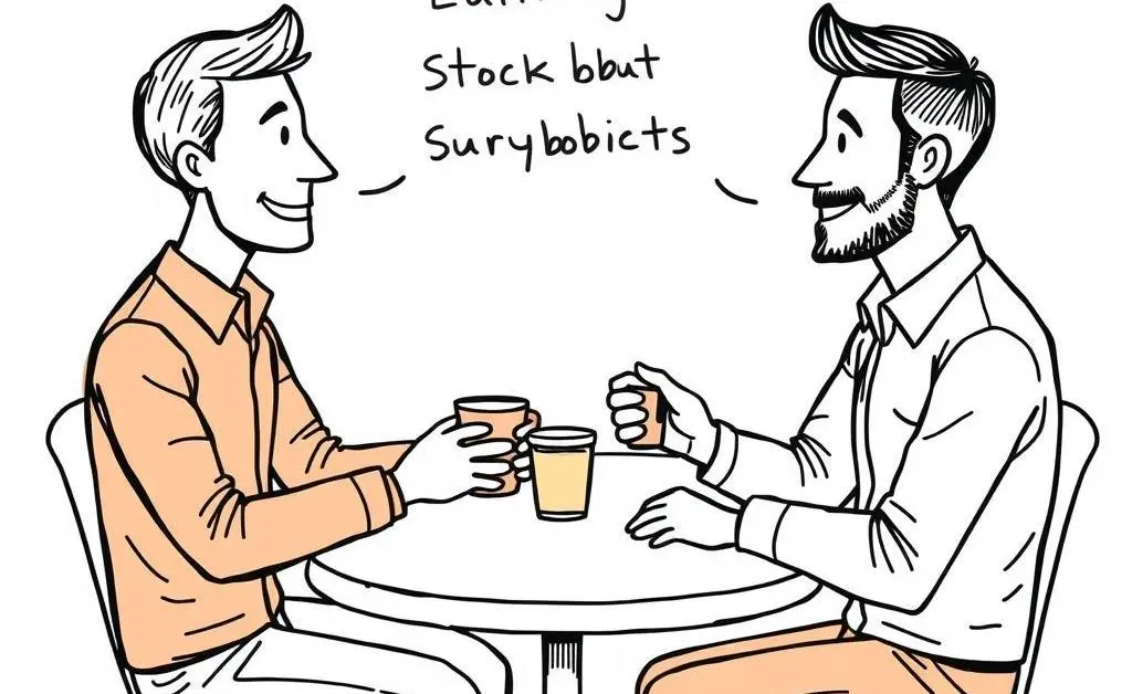 Friends discussing company earnings and stock buybacks over coffee