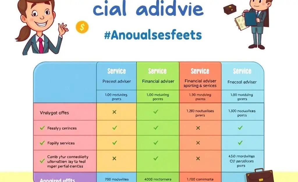 Cartoon comparison chart showing different adviser fees and services.