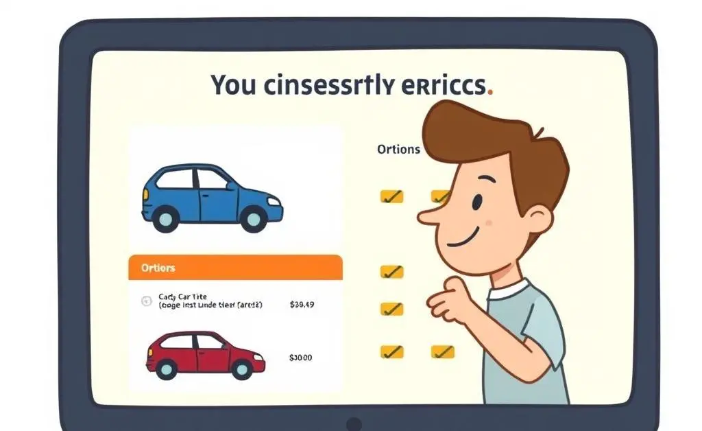 A cartoon-style image illustrating a person comparing car insurance options on a computer.