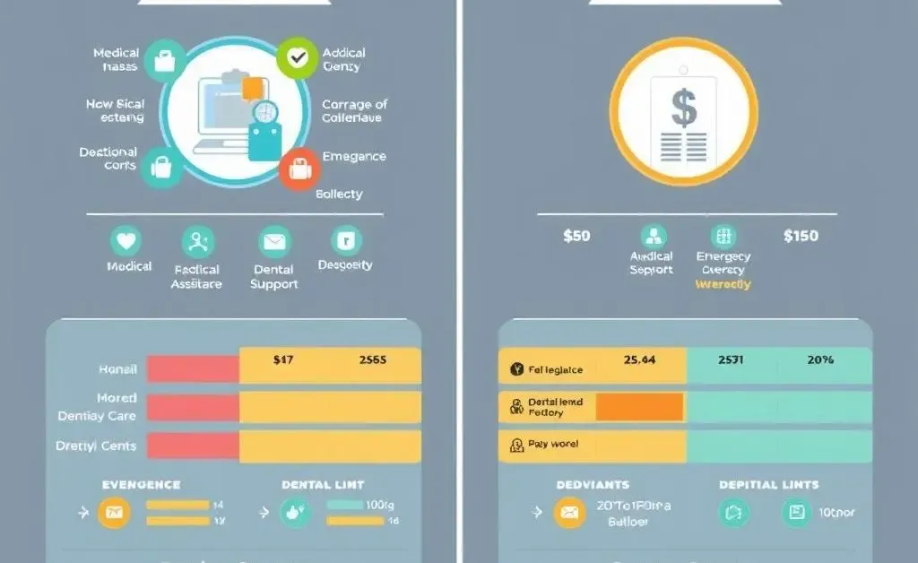 Illustrated comparison of two different insurance plans, showing their benefits and costs.