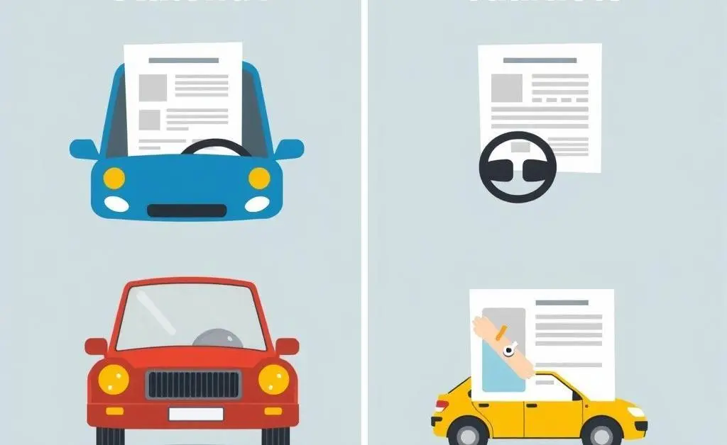 Cartoon-style image of various car insurance documents being compared