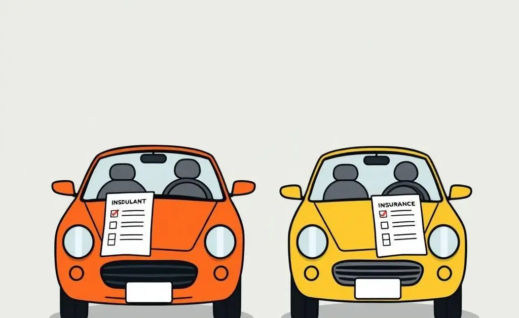 Minimalist cartoon of two side-by-side cars with document checklists, depicting comparison of insurance plans