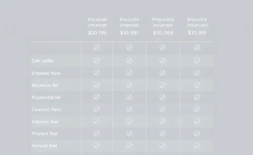 A minimalist chart comparing different credit card features like interest rates and annual fees