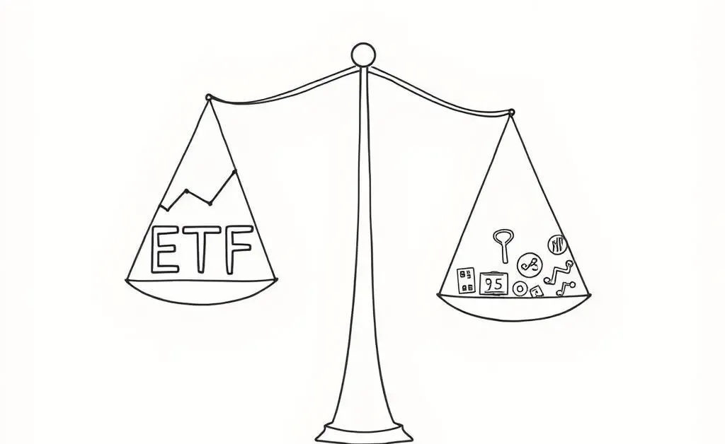 A minimalist hand-drawn balance scale comparing an ETF symbol on one side and individual asset icons on the other.