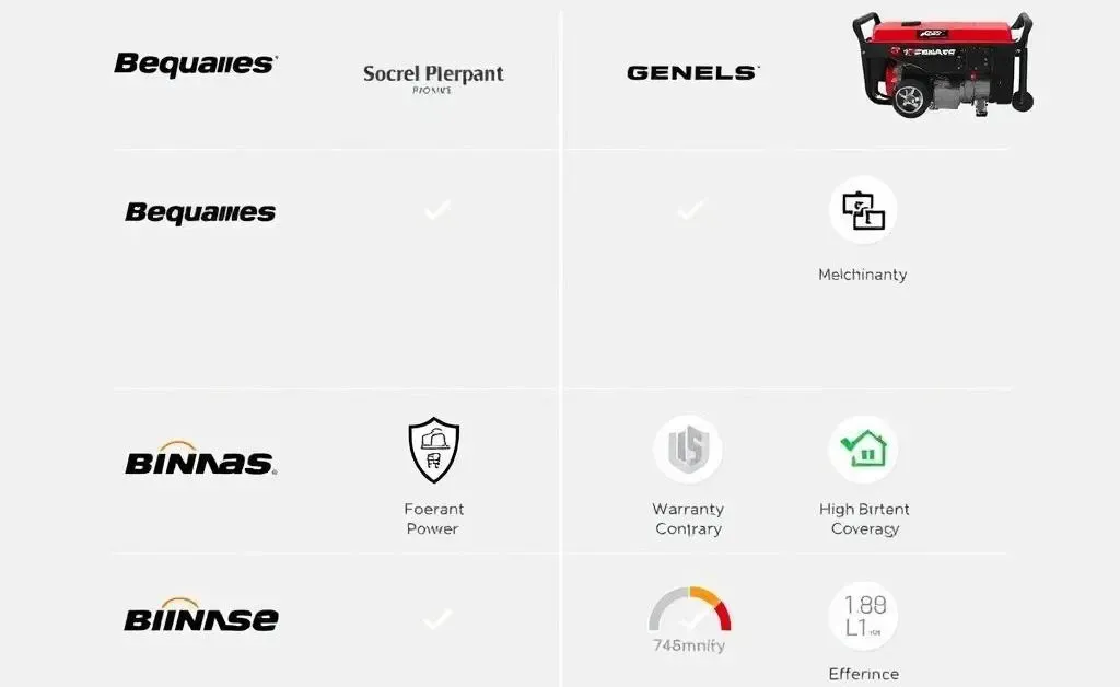 Side-by-side comparison of different generator brands with icons representing features like power output and warranty.