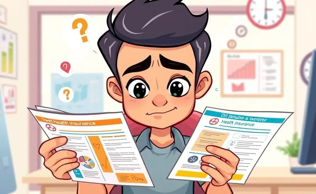 A cartoon of a person at a desk comparing two different health plans with a puzzled expression