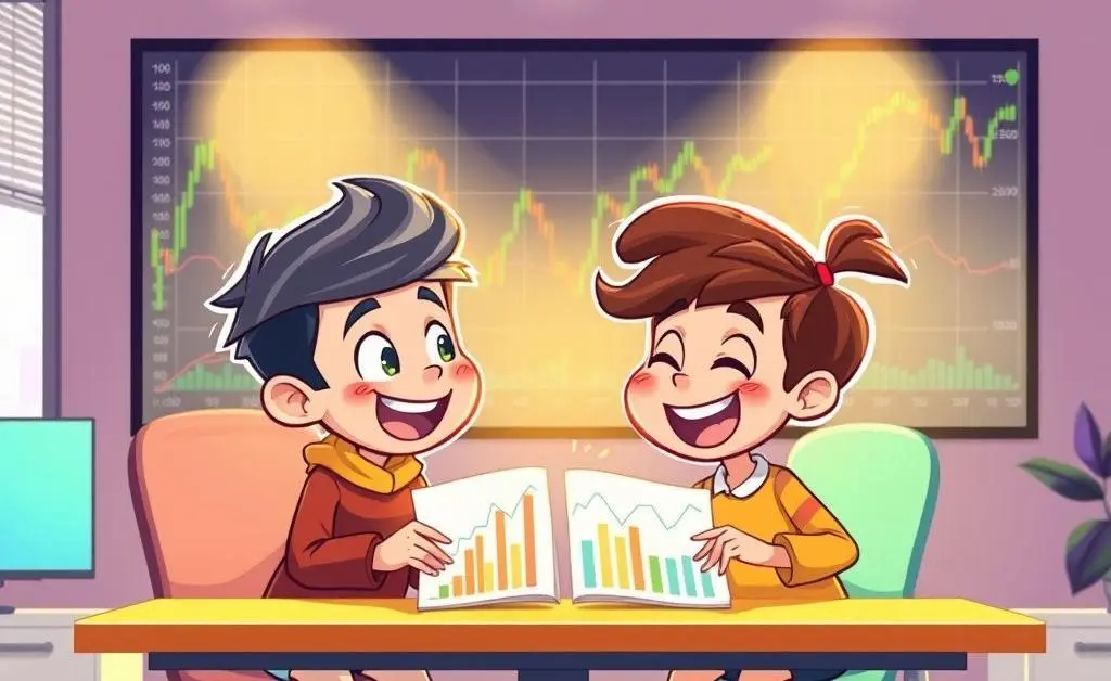 Two cartoon characters happily discussing and comparing stock index fund charts.
