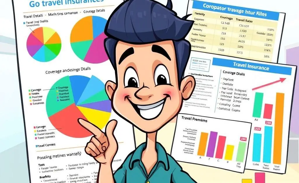 Cartoon of a person comparing different travel insurance options, with charts and graphs in the background