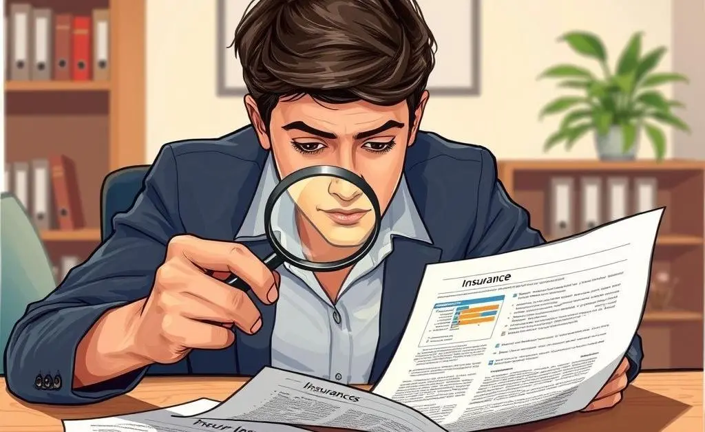 A person comparing insurance plan documents with a magnifying glass.