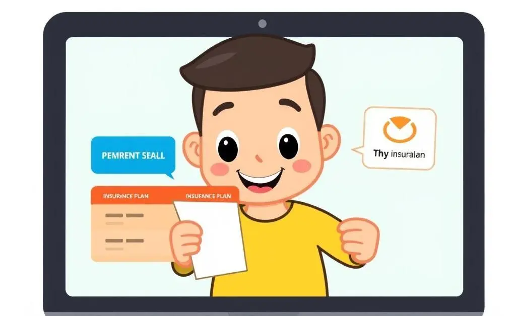 A cartoon character comparing insurance plans on a laptop