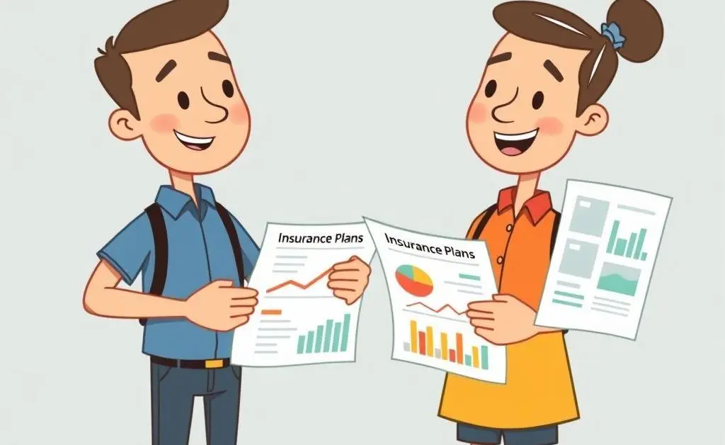 Characters comparing insurance plans with charts and graphs
