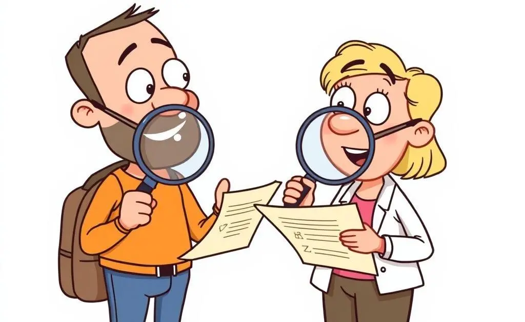 Two characters using magnifying glasses to compare different car insurance policies