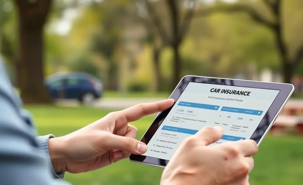 A person comparing car insurance policies on a tablet while sitting outside in a park.