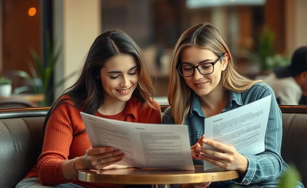 Friends comparing insurance policy documents
