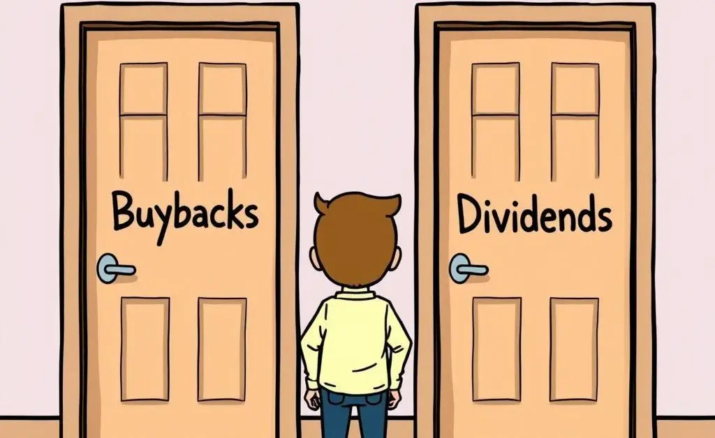 Two doors labeled 'Buybacks' and 'Dividends' with a person deciding.