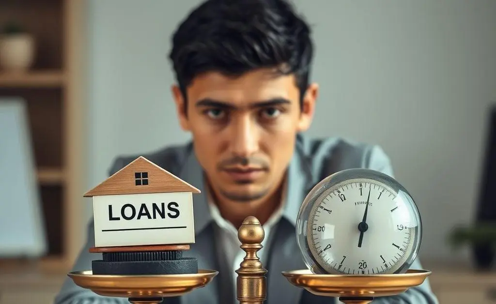 A person visually weighing two loan options using balance scales
