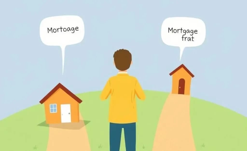 A cartoon of a person deciding between different mortgage paths