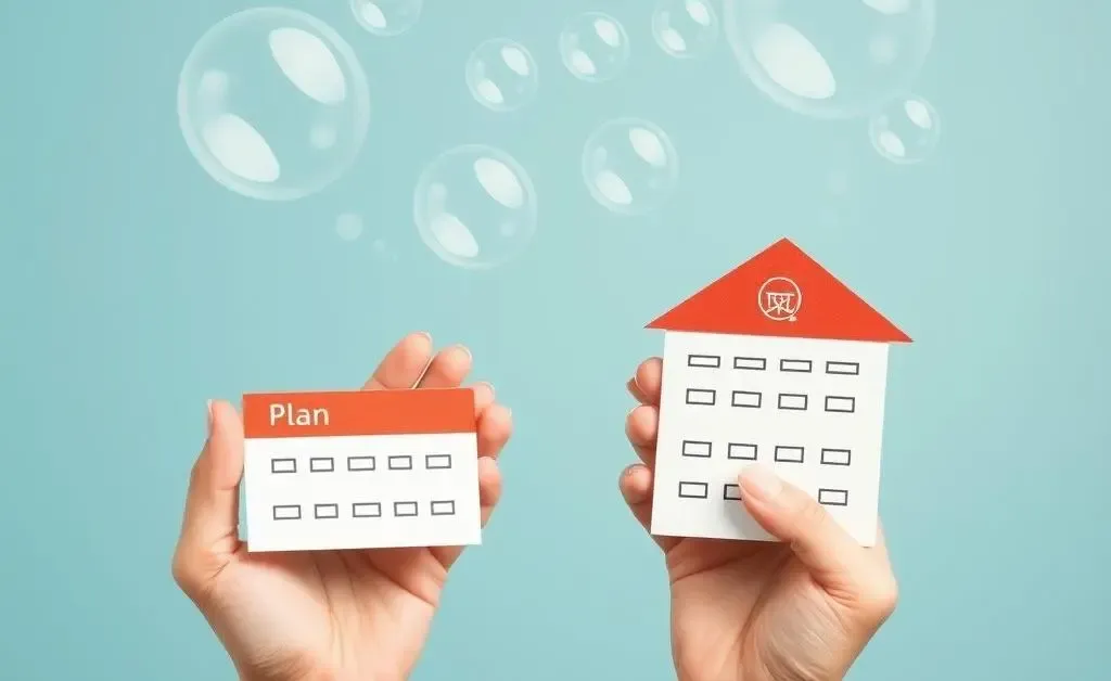 Two hands comparing different life insurance plans with bubble thoughts.