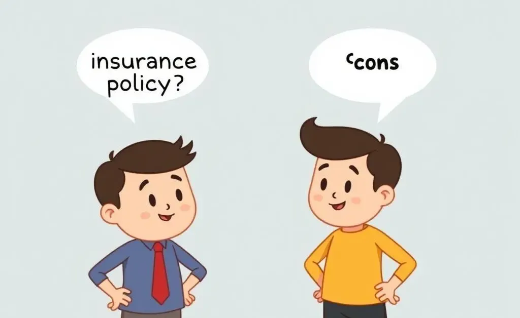 Two cartoon figures discussing different insurance policy options, with speech bubbles showing pros and cons