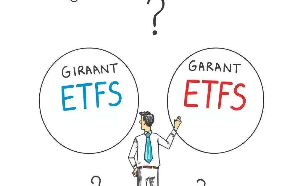 Illustration showing two giant ETFs being compared by a person with question marks around.